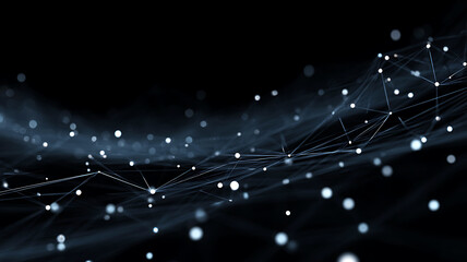 Abstract dark digital network with glowing points and connecting lines forming futuristic mesh pattern