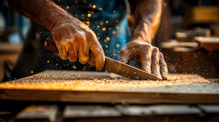 Close-up of hands using a knife on a wooden plank, creating sawdust