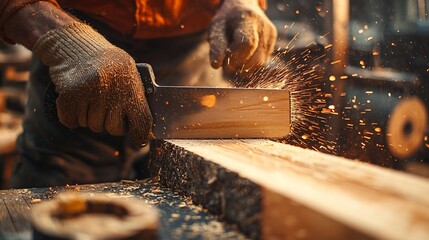 Carpenter using plane to smooth wooden plank, creating sawdust with sparks