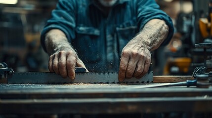 Carpenter meticulously measuring wood, sawing with hands in a workshop setting