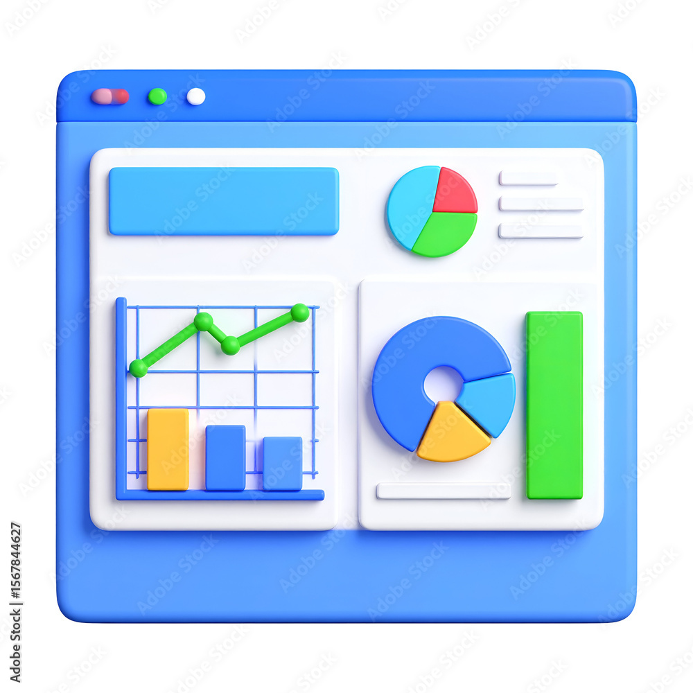 Poster blue 3d web interface with charts, graphs, and data visualizations on a screen