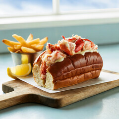 Fresh New England style lobster roll filled with creamy lobster salad served on a toasted bun. Placed on a wooden board with a side of crispy fries and lemon wedge. Bright background with soft dayligh
