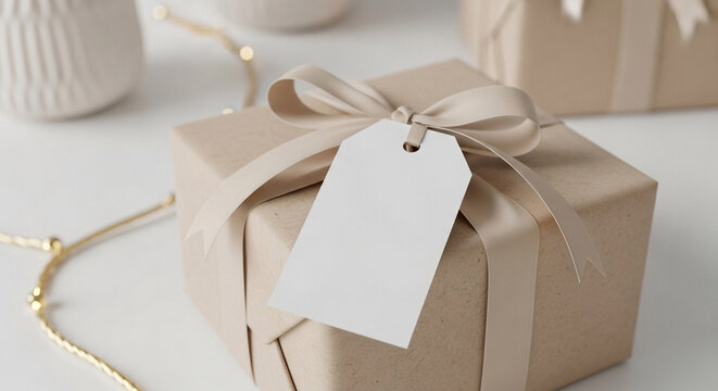 Elegant kraft paper gift box with beige ribbon and blank white tag, perfect for holidays, birthdays, or special occasions.