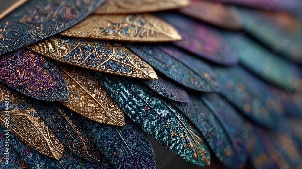 Poster colorful artistic feathers with intricate patterns and textures
