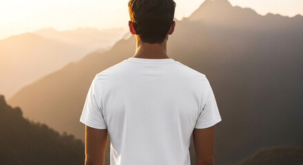 Rear view of person standing on mountain, looking at vast, sunlit landscape during golden hour