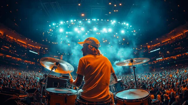 Male drumer drumming energetically before massive stadium audience