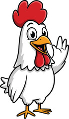 Friendly Cartoon White Rooster Waving Hello, Cheerful Farm Chicken Character Greeting, Humorous Poultry Illustration for Agriculture, Food, and Children's Concepts.