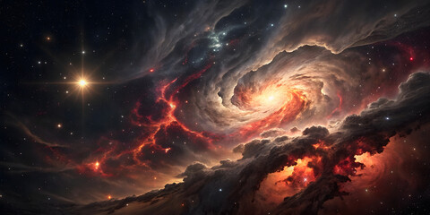 Swirling orange and red nebula forms cosmic hurricane pattern with bright central vortex,...