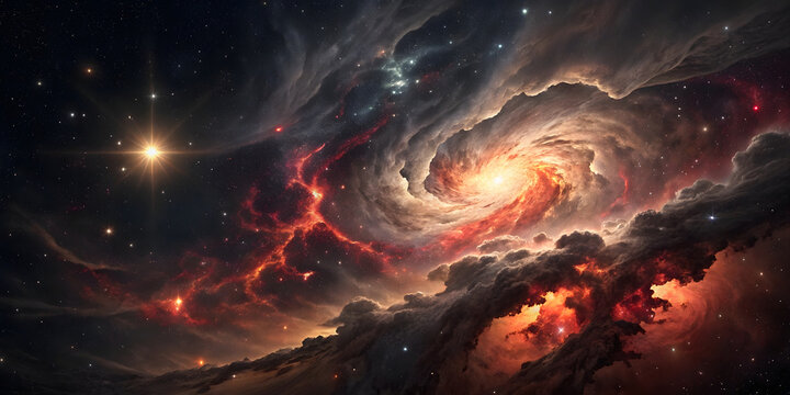 Swirling orange and red nebula forms cosmic hurricane pattern with bright central vortex, surrounded by flowing gas streams and stellar formations. - Powered by Adobe