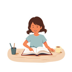 Young girl smiling and pointing at open book on desk, joy of learning