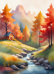 Autumn watercolor landscape with a house among vibrant orange and red trees, beside a stream and hazy mountains. Perfect for tranquil, seasonal, and scenic views.