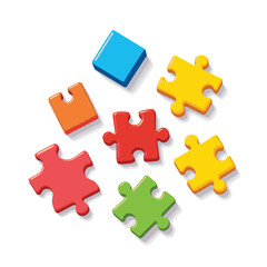 Obraz premium Vibrant geometric puzzle pieces scattered on white background, creativity