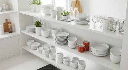 Stylish Modern Kitchen: Organized White Dishes and Glassware on Open Shelves, Minimalist Home Decor. High quality professional stock photo suitable for commercial use.