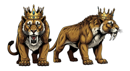 Majestic Smilodon: Kings of the Ice Age.  A regal pair of saber-toothed cats, crowned and powerful, evoke the ancient past.
