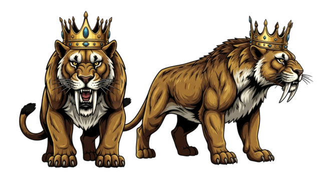 Majestic Smilodon: Kings of the Ice Age.  A regal pair of saber-toothed cats, crowned and powerful, evoke the ancient past.