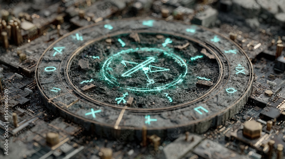Poster ancient symbol with magic circles and technical background design