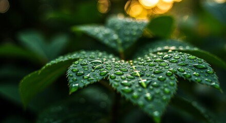 Enchanting Dewdrops on Lush Green Leaves: A Close-Up Macro Photograph of Nature's Beauty at Sunrise. High quality professional stock photo suitable for commercial use.