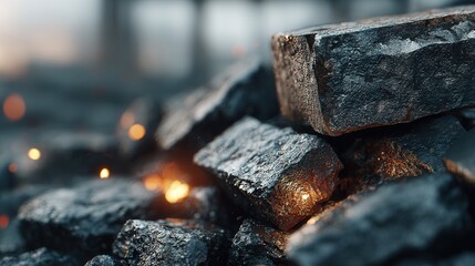 Close-Up View of Shiny Dark Stones with Glowing Embers in Background