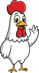 Friendly Cartoon White Rooster Waving Hello, Cheerful Farm Chicken Character Greeting, Humorous Poultry Illustration for Agriculture, Food, and Children's Concepts.