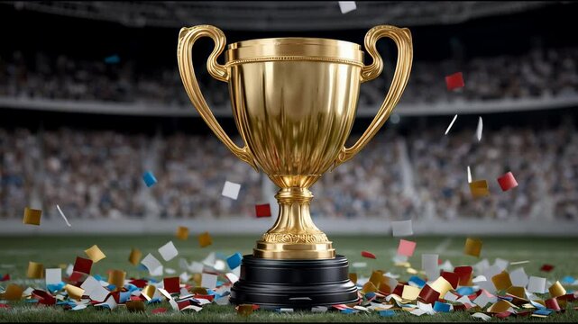 Golden trophy cup with handles on black base standing on green grass field with colorful confetti falling in crowded stadium celebrating sports victory award prize and grand celebration