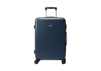 Modern dark blue suitcase with telescopic handle and wheels isolated on transparent background