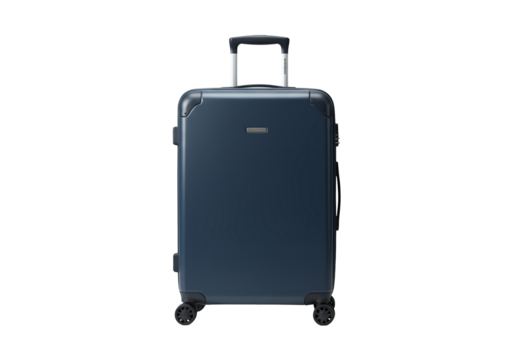Modern dark blue suitcase with telescopic handle and wheels isolated on transparent background