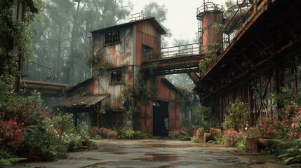 Fototapeta premium Abandoned Industrial Site Surrounded by Overgrown Vegetation and Nature