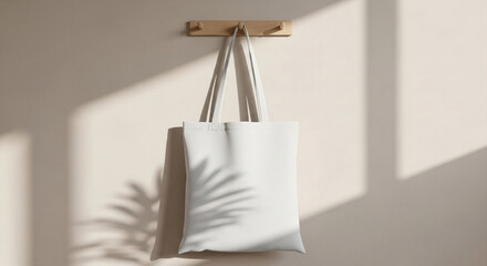 Blank White Canvas Tote Bag Mockup on Wall with Natural Sunlight and Aesthetic Leaf Shadows. Eco-Friendly Reusable Shopping Bag.