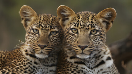 Photograph of two leopards in the savanna hugging affectionately, showcasing the beauty of wildlife bonding and emotional connection in their natural habitat under warm daylight.
