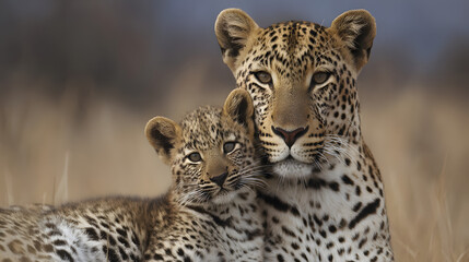Photograph of two leopards in the savanna hugging affectionately, showcasing the beauty of wildlife bonding and emotional connection in their natural habitat under warm daylight.

