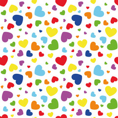 Seamless pattern of colorful hearts on white background. Bright romantic design for Valentine's Day, kids decor, textiles, wrapping, and celebration themes. Fun and cheerful flat vector style.