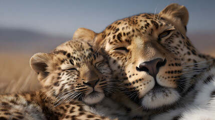 Photograph of two leopards in the savanna hugging affectionately, showcasing the beauty of wildlife bonding and emotional connection in their natural habitat under warm daylight.
