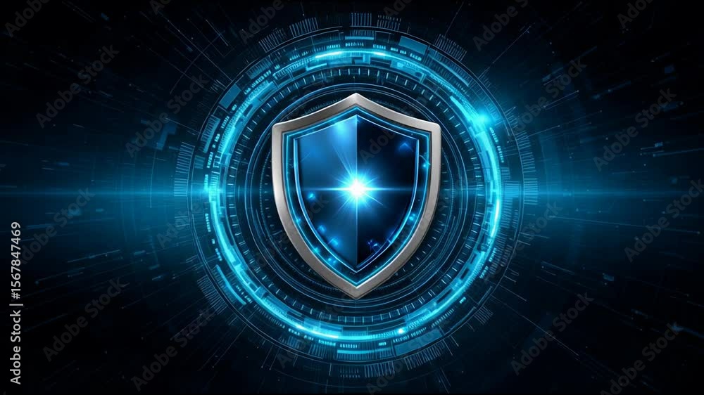 Poster digital shield glowing blue with futuristic circular interface showcasing advanced cybersecurity pro