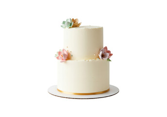 Elegant two tier white frosted cake with pastel flowers isolated on transparent background