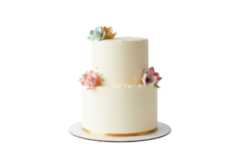 Elegant two tier white frosted cake with pastel flowers isolated on transparent background