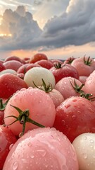 Fresh Pink Tomatoes With Water Droplets Outdoors Under Cloudy Sky