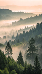 Scenic View of Misty Forest During Sunrise in a Serene Landscape