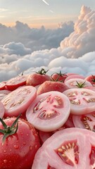 Fresh Pink Tomatoes With Water Droplets Outdoors Under Cloudy Sky