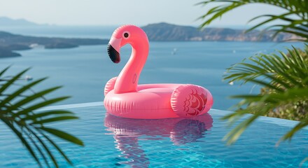 Obraz premium Pink Flamingo Inflatable Pool Float in Stunning Ocean View