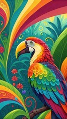 Colorful Parrot Illustration in Lush Tropical Jungle with Vibrant Detailing