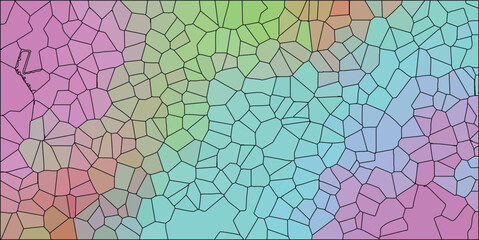 Abstract mosaic background composed of a series of polygon shapes with a blend of colorful gradients and black outlines for an artistic design.