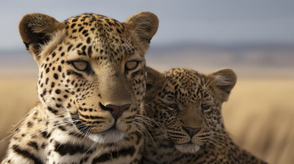 Photograph of two leopards in the savanna hugging affectionately, showcasing the beauty of wildlife bonding and emotional connection in their natural habitat under warm daylight.
