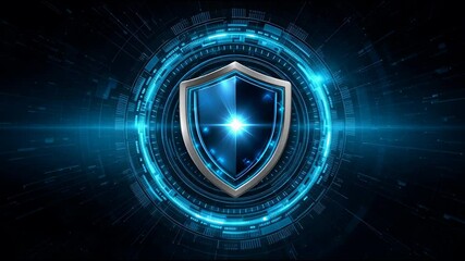 Digital shield glowing blue with futuristic circular interface showcasing advanced cybersecurity protection technology and security defense system in high tech digital environment - Powered by Adobe