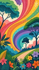 Vivid Abstract Landscape With Rainbow and Nature Elements in a Whimsical Style
