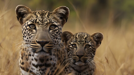 Photograph of two leopards in the savanna hugging affectionately, showcasing the beauty of wildlife bonding and emotional connection in their natural habitat under warm daylight.
