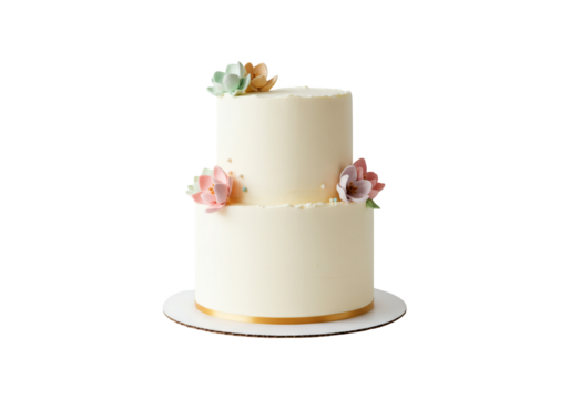 Elegant two tier white frosted cake with pastel flowers isolated on transparent background - Powered by Adobe