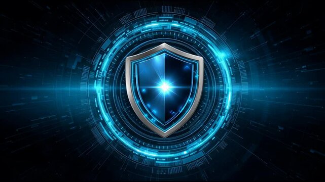 Digital shield glowing blue with futuristic circular interface showcasing advanced cybersecurity protection technology and security defense system in high tech digital environment - Powered by Adobe