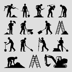 Naklejka premium Land surveyor vector with construction worker silhouettes, tools, and equipment for design projects related to construction, architecture, and engineering.