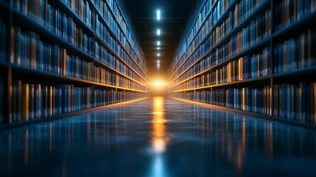 Endless Rows of Books in a Digitally Illuminated Library.