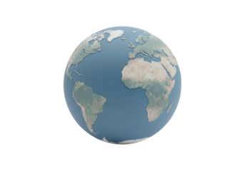 A realistic 3d render of planet earth showing continents and oceans isolated on transparent background